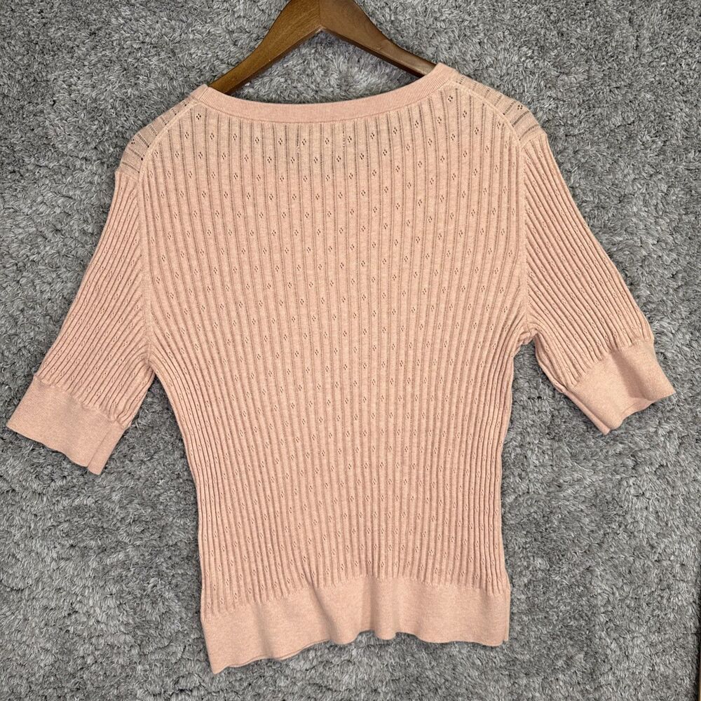 Gap Women’s Short Sleeve Pointelle Knit Sweater Ribbed Large Pastel Peach Pink - Picture 8 of 11